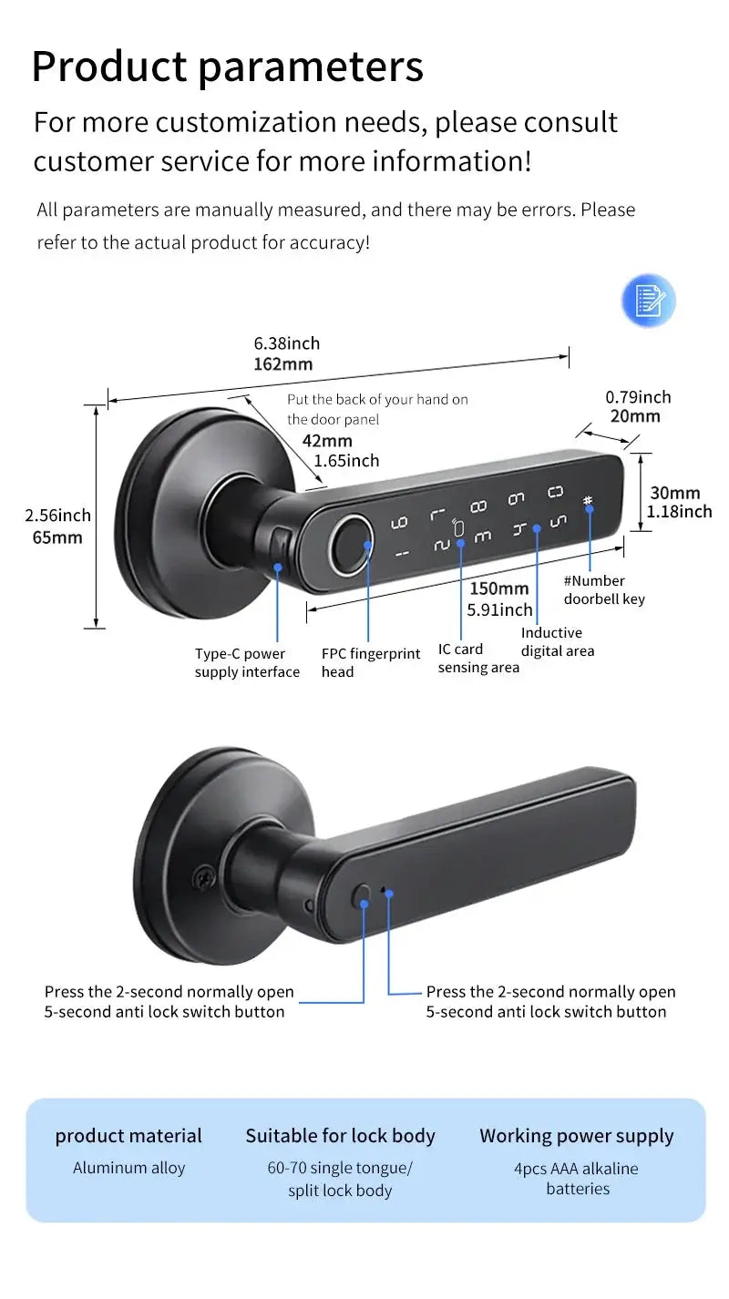 Smart fingerprint door lock with Tuya Bluetooth app, NFC, password and mechanical key for wooden doors (IP65)
