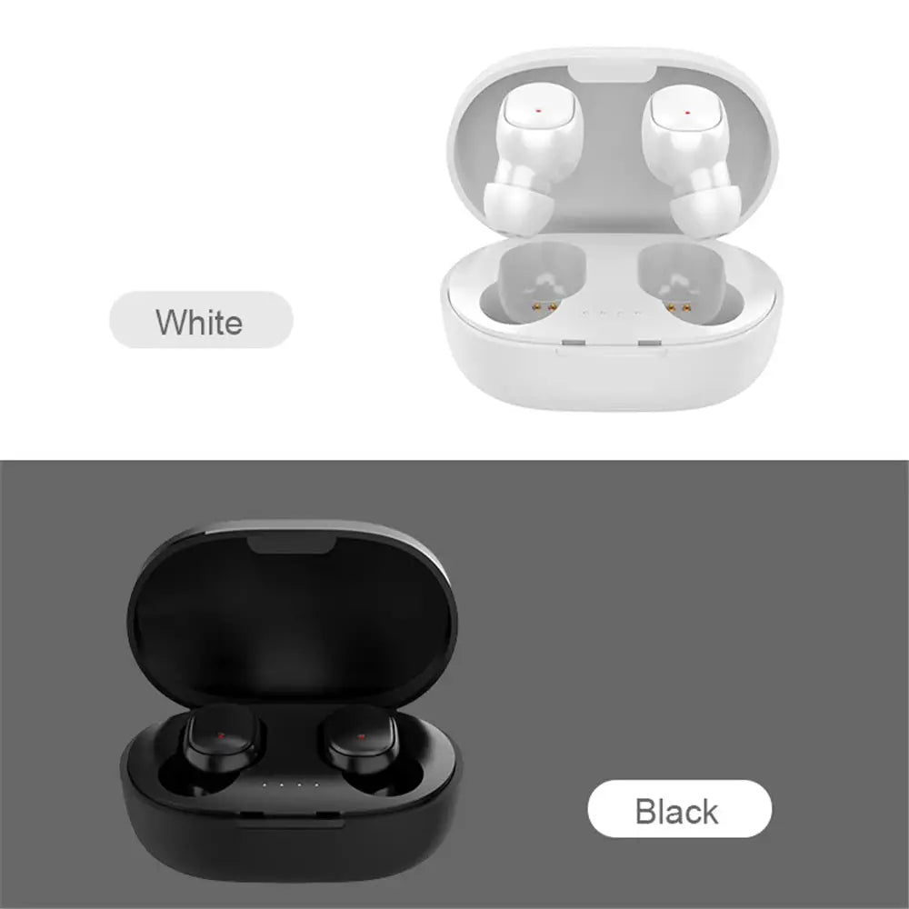 A6S wireless Bluetooth earphones with charging case by Simples Market; white and black variants