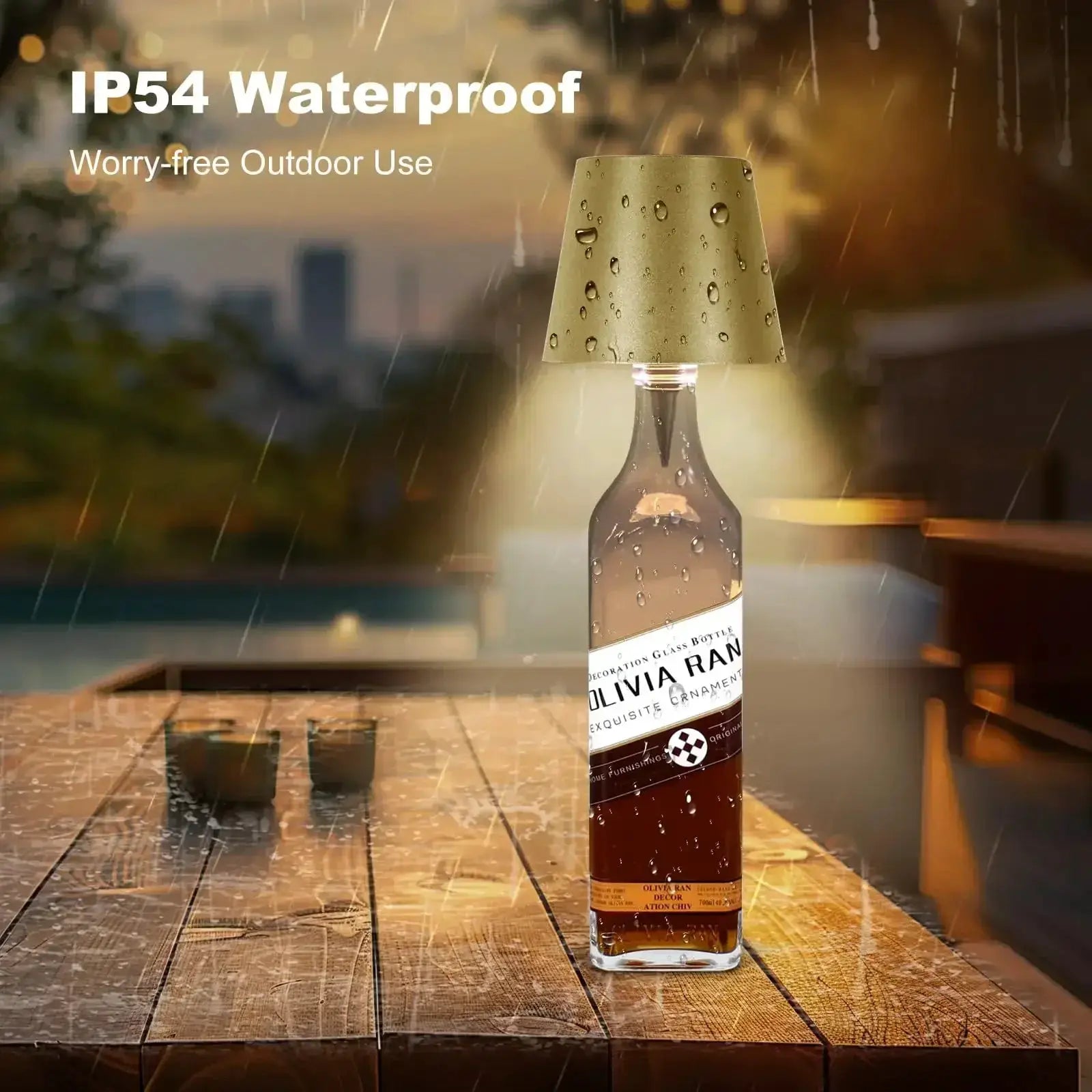 LED wireless wine-bottle lamp by Simples Market, brown glass bottle with beige fabric shade on a wooden table