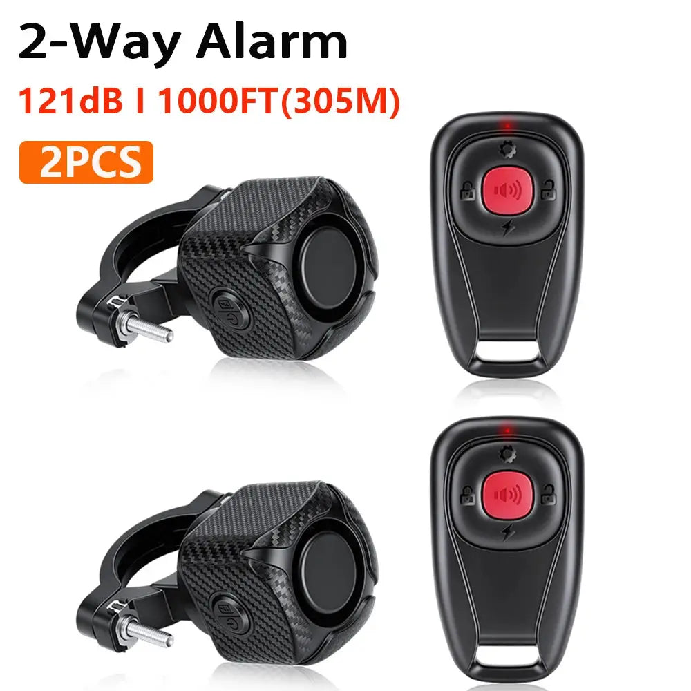 Hollarm wireless bike vibration alarm set with black carbon-fiber housings and red button remotes, 2-pack