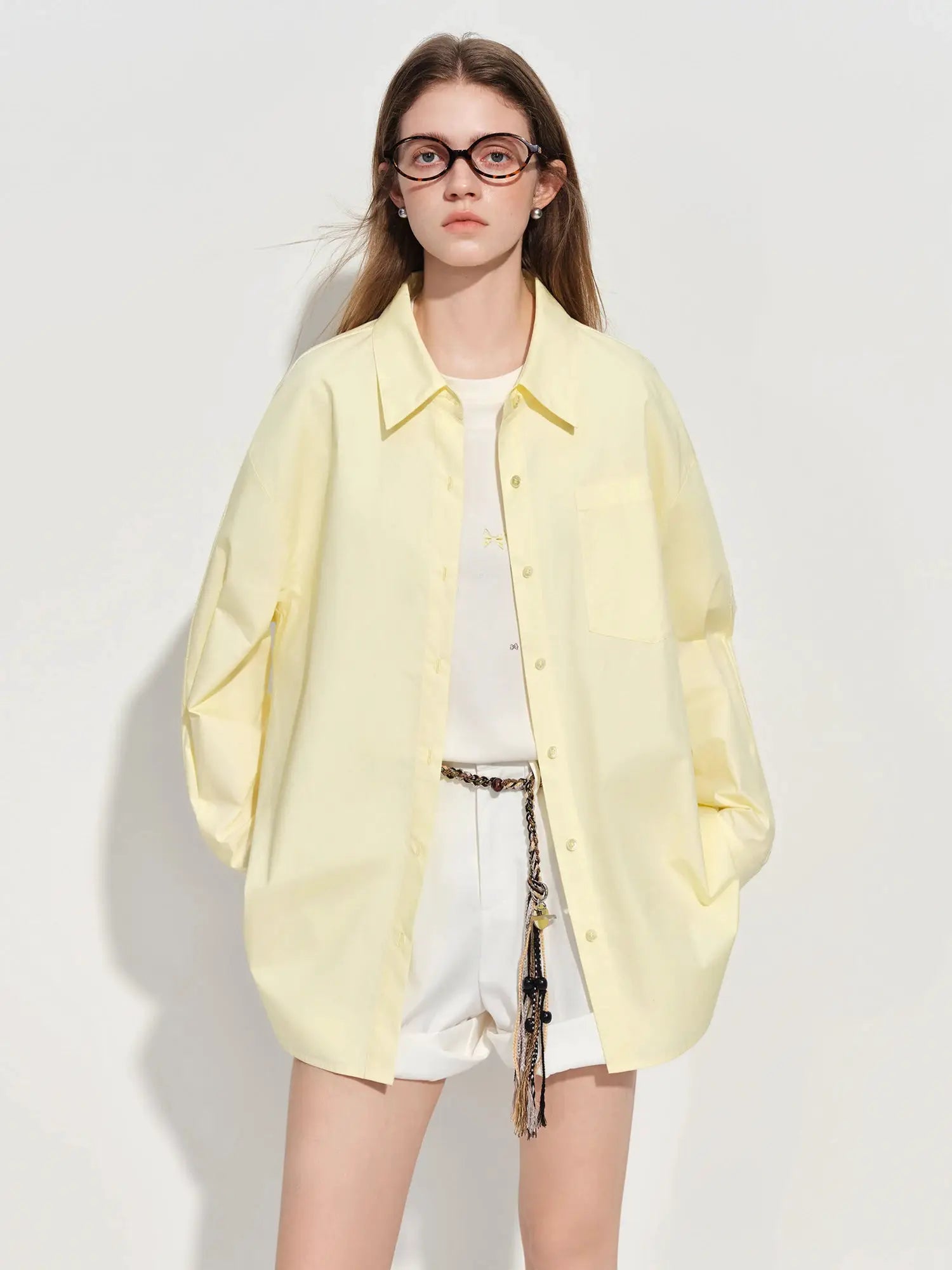 FSLE Premium Series women's oversized pale yellow cotton shirt with long sleeves.