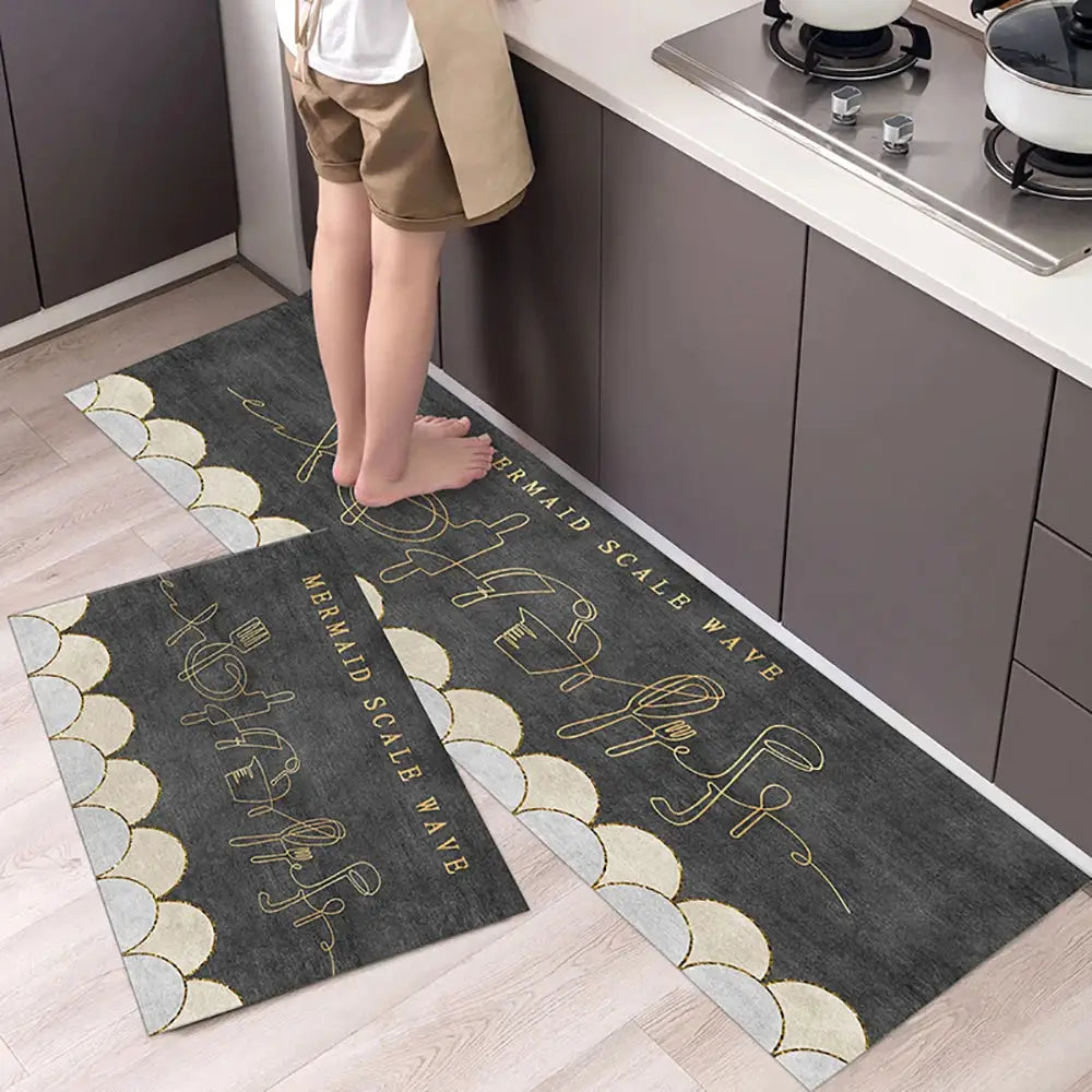 Simples Market non-slip kitchen mat set: two dark gray crystal-velvet runners with gold mermaid-scale print