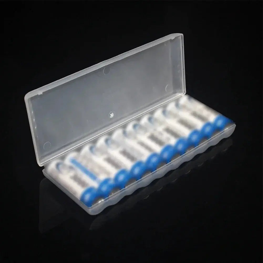Transparent white plastic 10-slot battery storage box with lid for AA/AAA batteries.