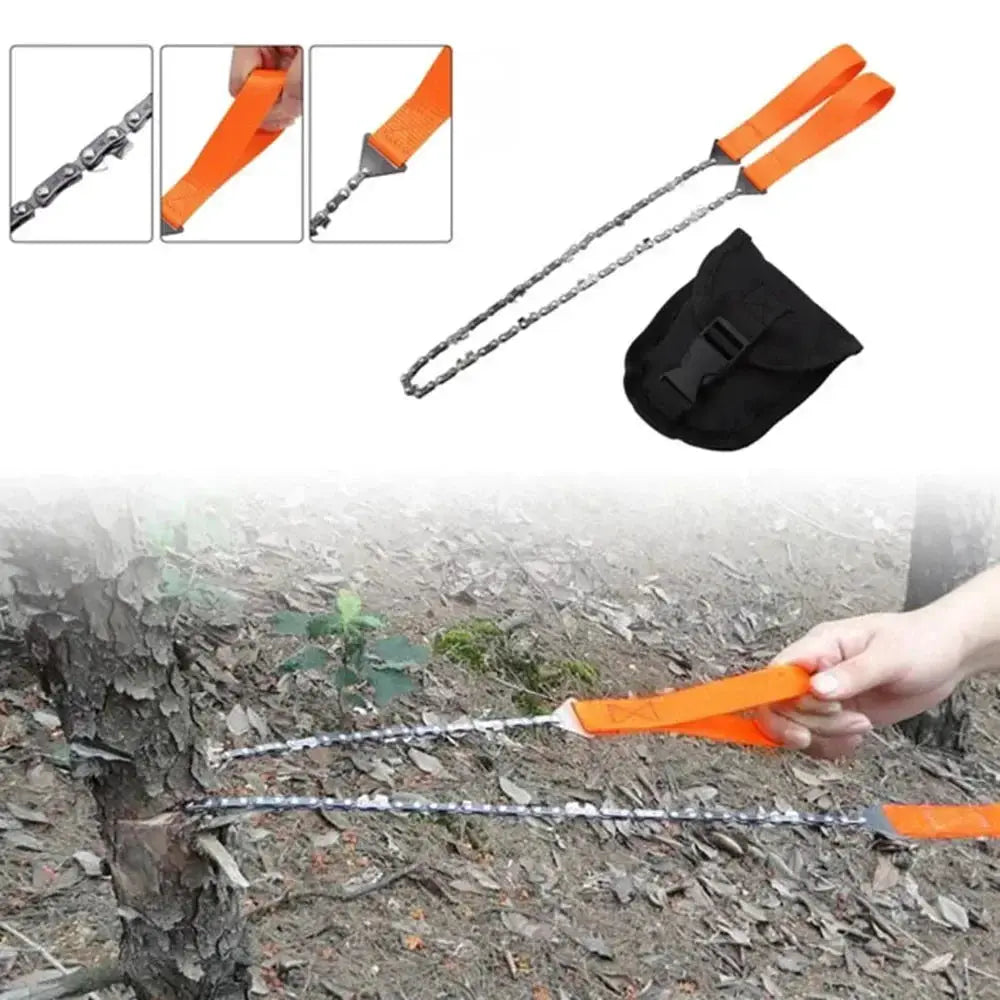 Simples Market portable survival chain saw with orange strap handles and black carrying pouch, used to saw a log outdoors