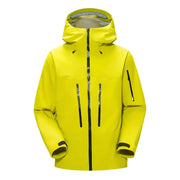 Men's neon yellow windproof hooded jacket with front zip and vertical chest pockets