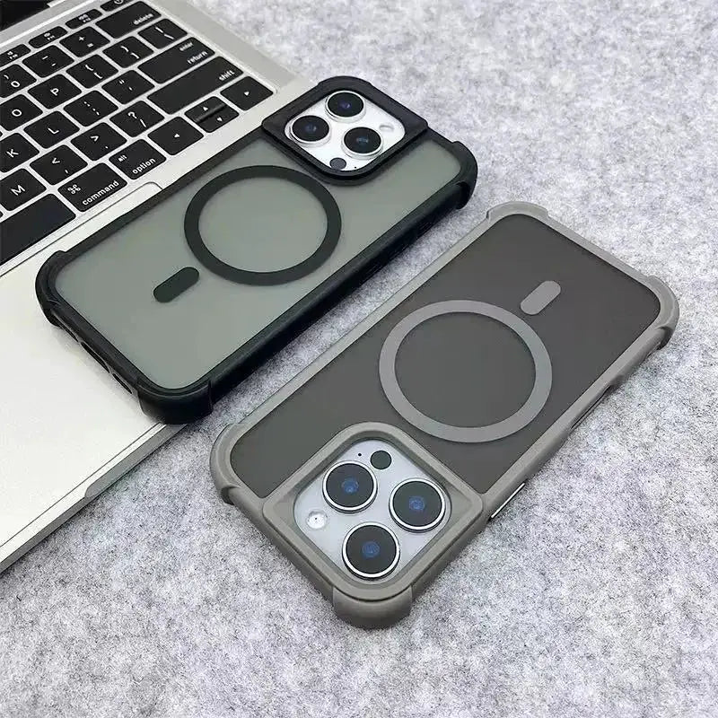Two magnetic luxury matte armor shockproof cases in gray and olive for iPhone 17/15/14/13/12/11/16 Pro Max Plus with MagSafe