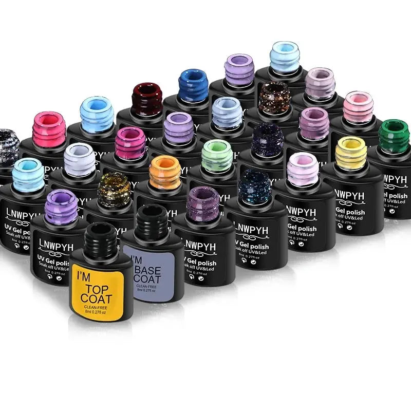 Gel nail polish set with 26 colors and base and top coats