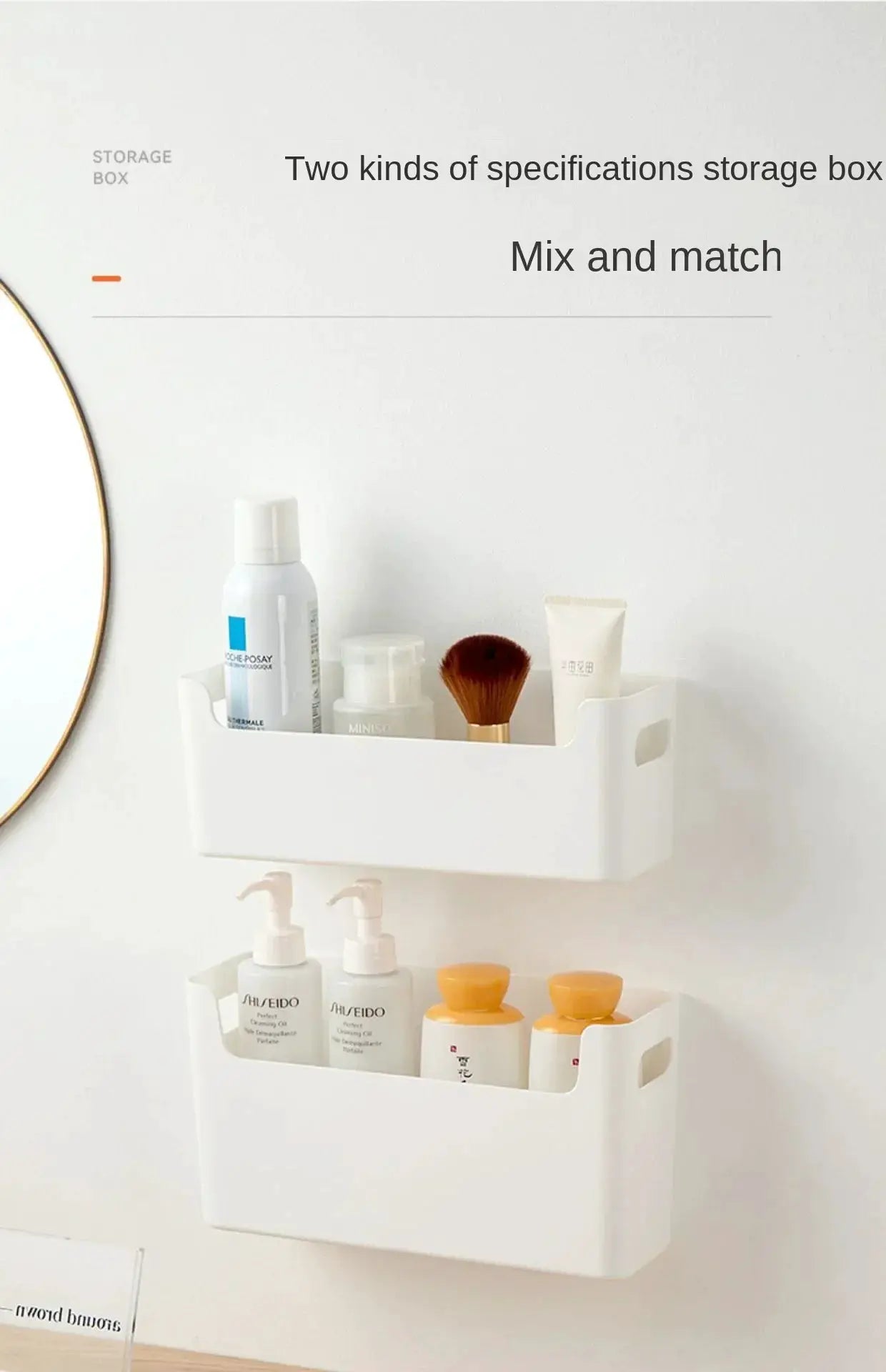 White two-tier wall-mounted kitchen shelf organizer holding bottles and toiletries