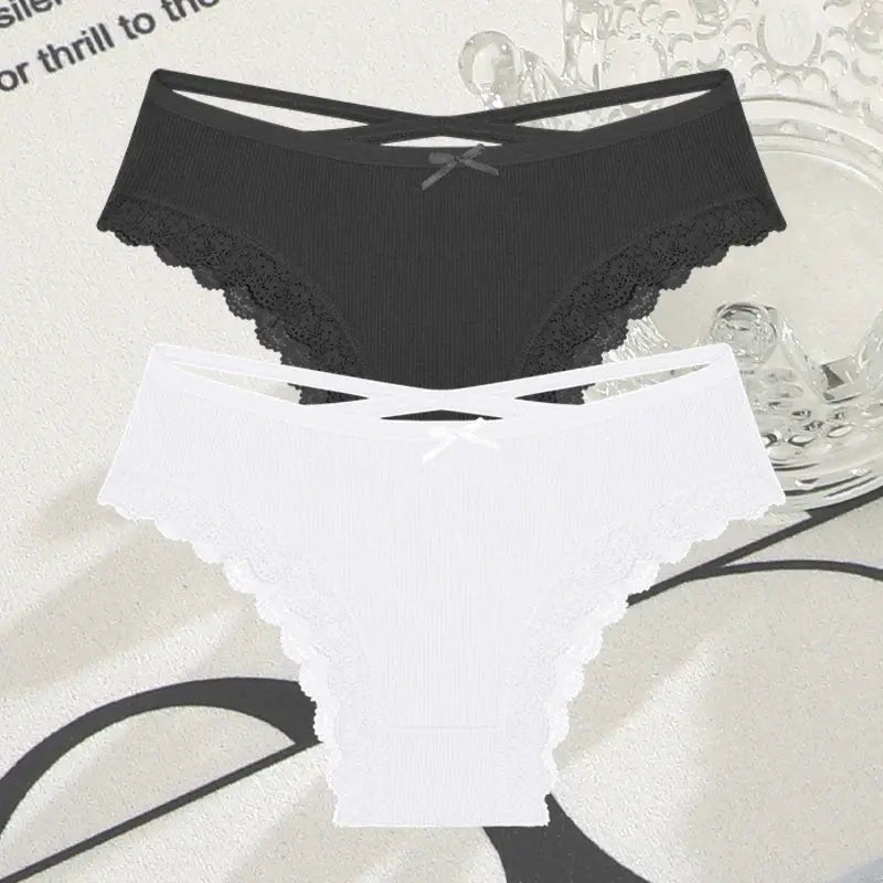 2-pack women's cotton lace Brazilian briefs in black and white, low-rise with cross-strap waistband