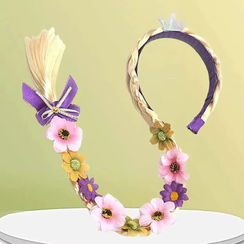 Princess Rapunzel braided wig headbands set of 2 with purple bow and flowers; blonde braids