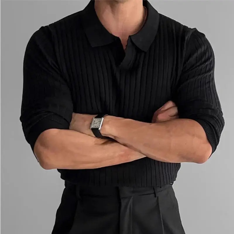 Men's black knitted polo shirt with vertical ribbed texture and collar, long sleeves leisure knitwear