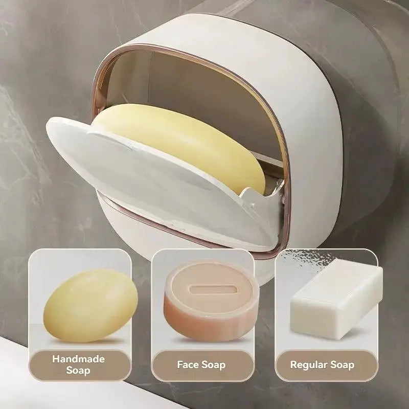 Simples Market waterproof shower soap box with drainage; white with rose-gold trim, hanging holder, shown with 3 soaps.