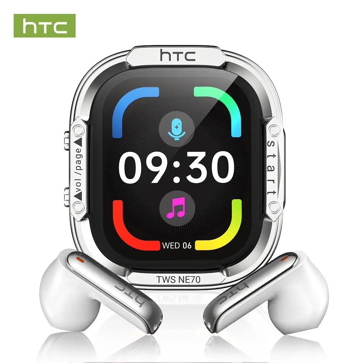 HTC NE70 wireless earphones with white earbuds beside a silver smartwatch