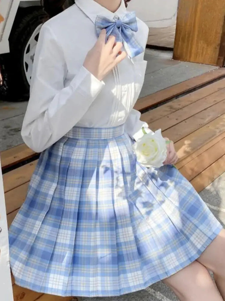 ZOKI plaid women pleated skirt, light blue and white plaid, high-waist A-line mini skirt
