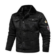 Men's black leather and fur jacket with fur collar, button-front, left-sleeve patch.