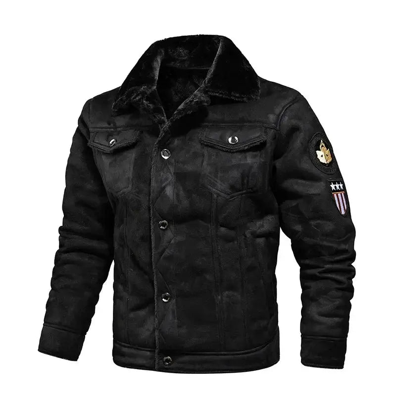 Men's black leather and fur jacket with fur collar, button-front, left-sleeve patch.
