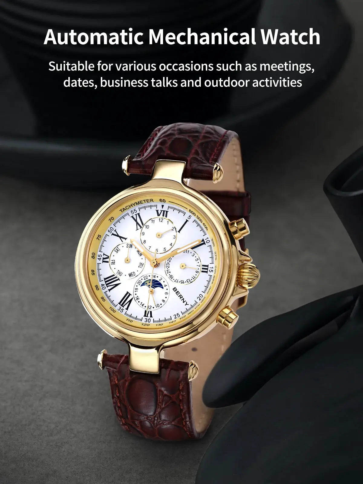 Simples Market BERNY retro automatic men's watch with sun & moon phase, gold-tone case, brown leather strap