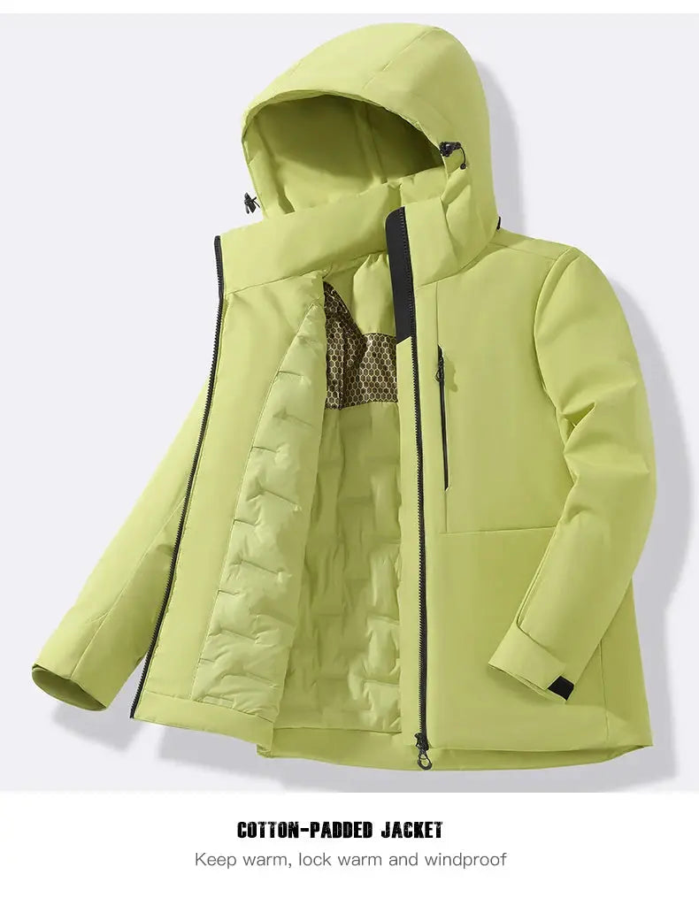 JNLN Unisex Waterproof Fleece Jacket in lime green with hood and front zipper