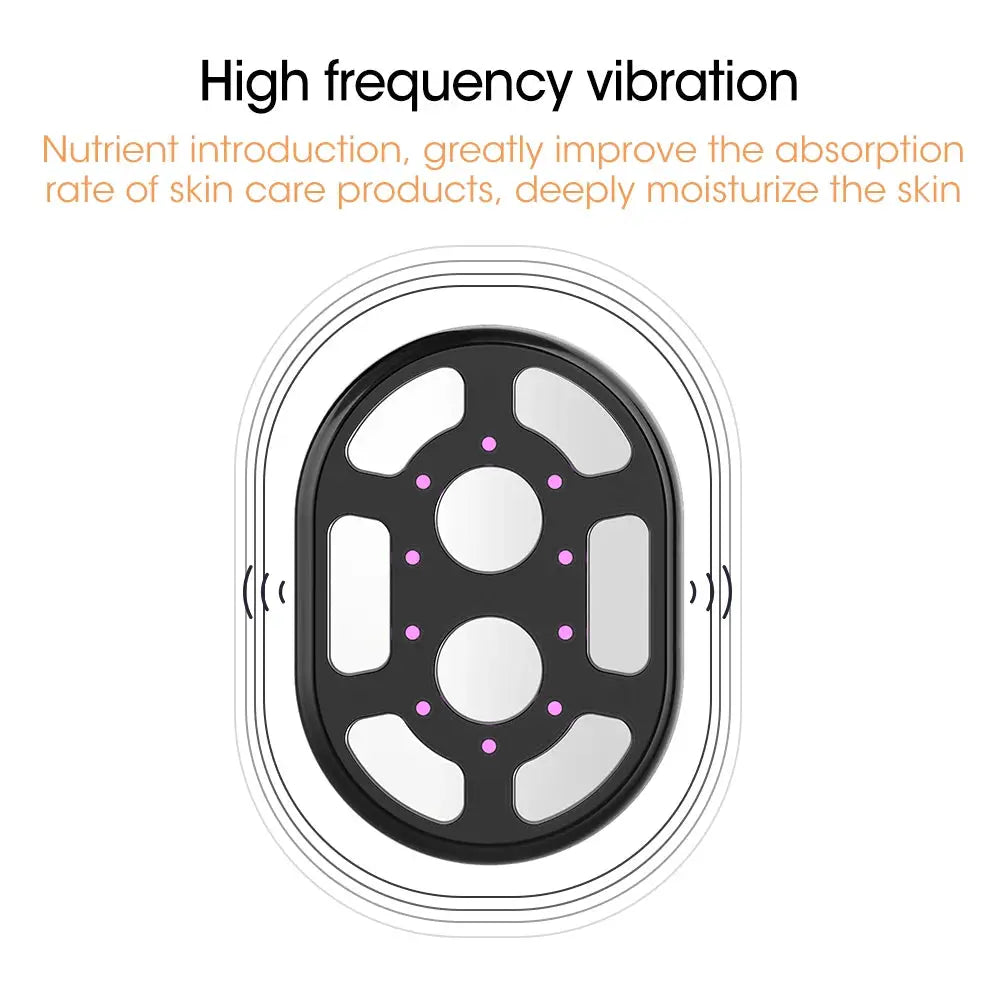 Body slimming massager cordless handheld device with LED light; black circular panel with purple dots