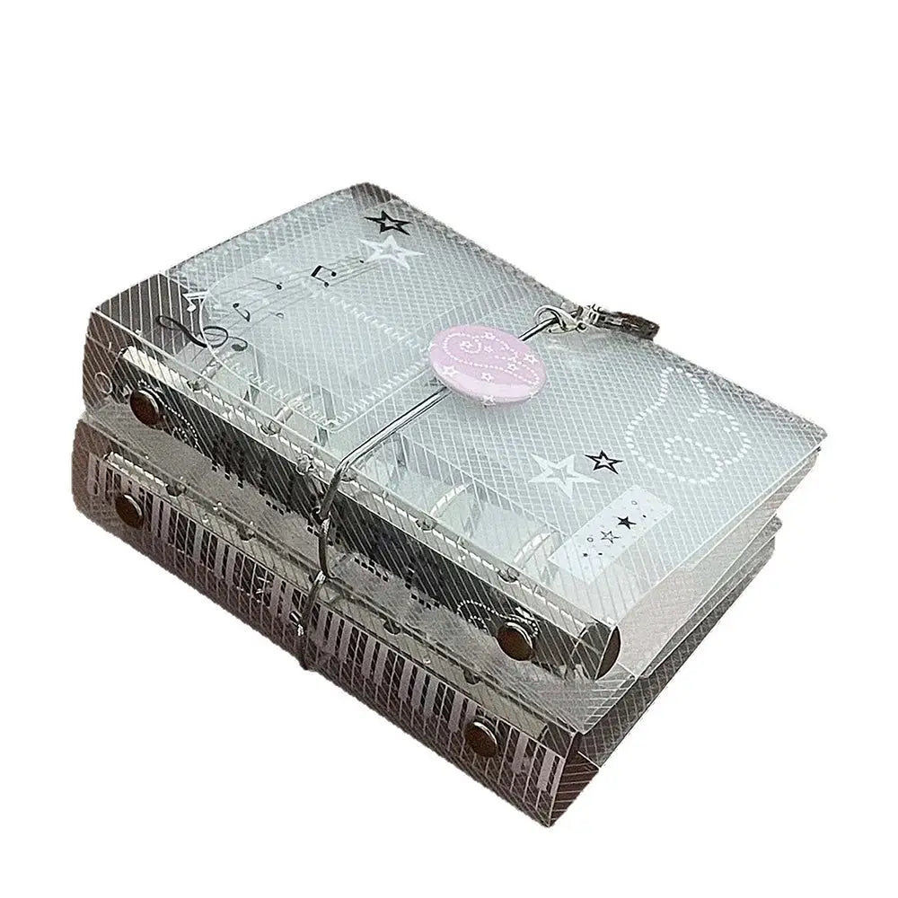 Clear acrylic M5 binder notebook with music-theme design; 2-pack tri-fold with tie closure, photo organizer