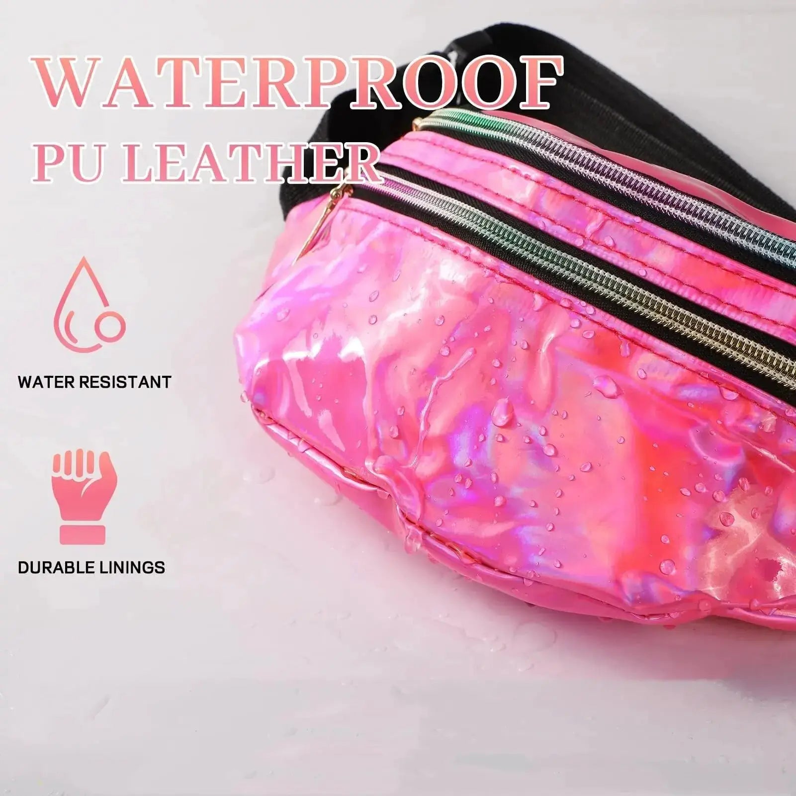 Simples Market waist bag holographic pink waterproof PU leather fanny pack with silver zippers
