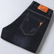 Men's dark indigo denim jeans with back pocket, stretch slim fit, Jeans Wear leather patch