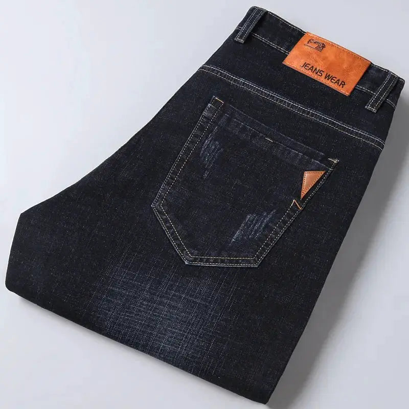 Men's dark indigo denim jeans with back pocket, stretch slim fit, Jeans Wear leather patch