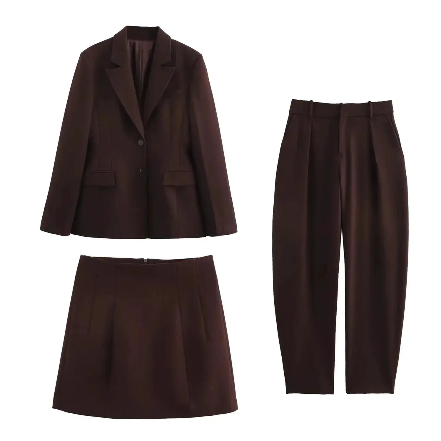 KONDALA women's dark brown suit set including blazer, skirt and straight trousers; solid casual chic