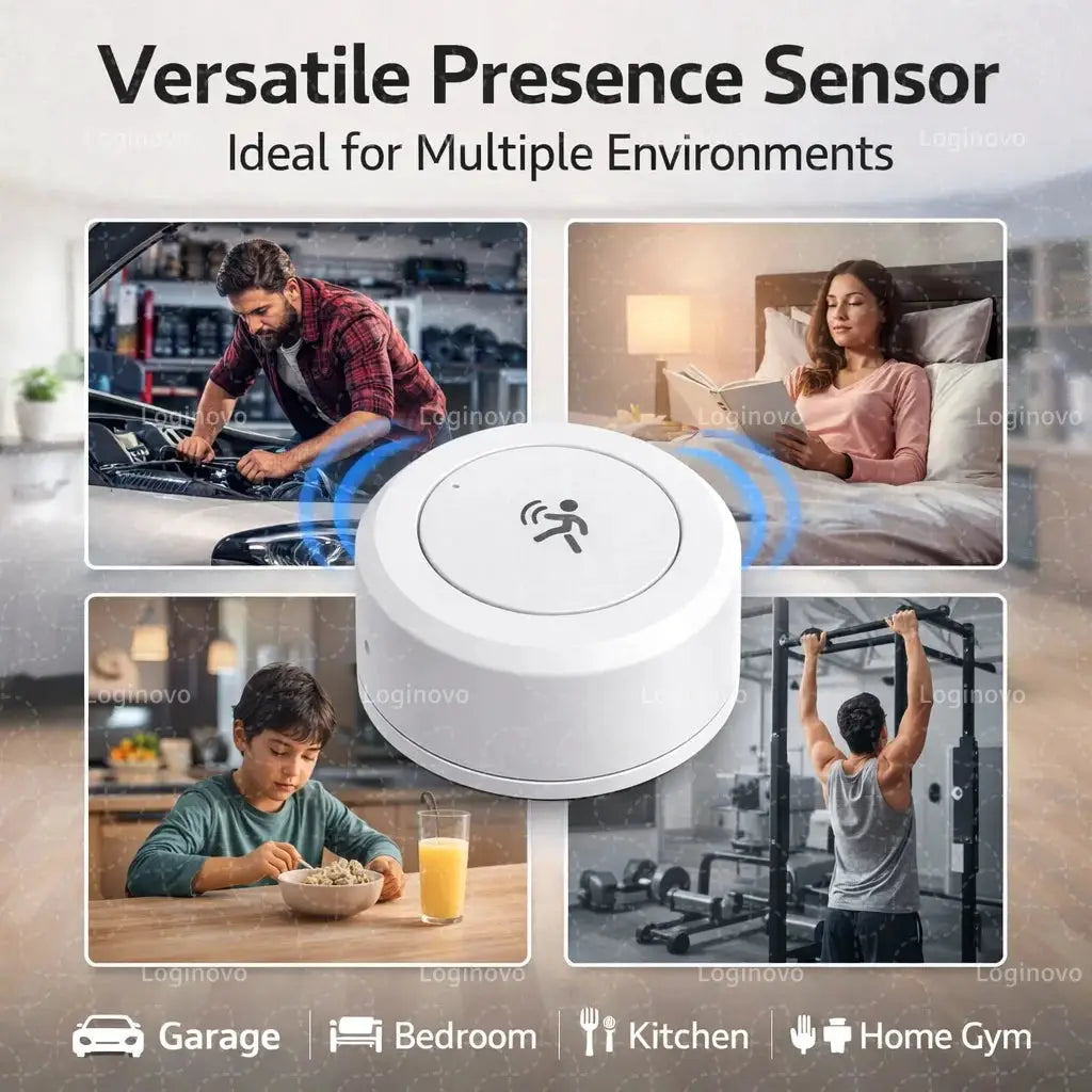 Simples Market white Zigbee 24G mmwave radar presence sensor for Tuya Z2M; garage, bedroom, kitchen, home gym alarm.