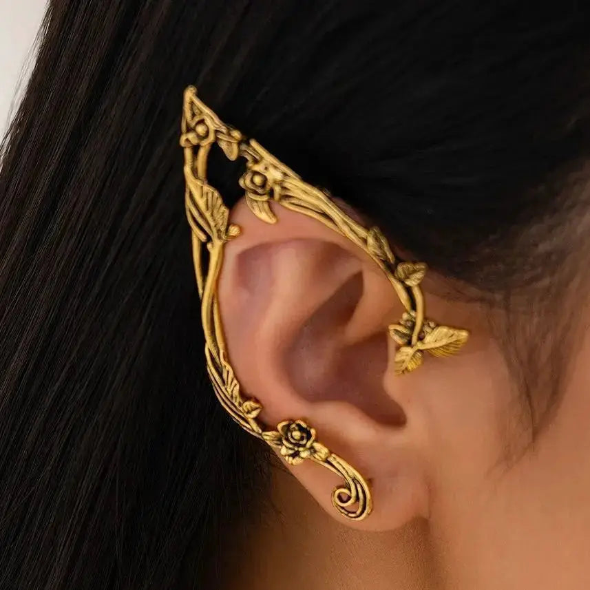 PuRui gold elf flower leaf ear clip; floral vine ear cuff jewelry by Simples Market