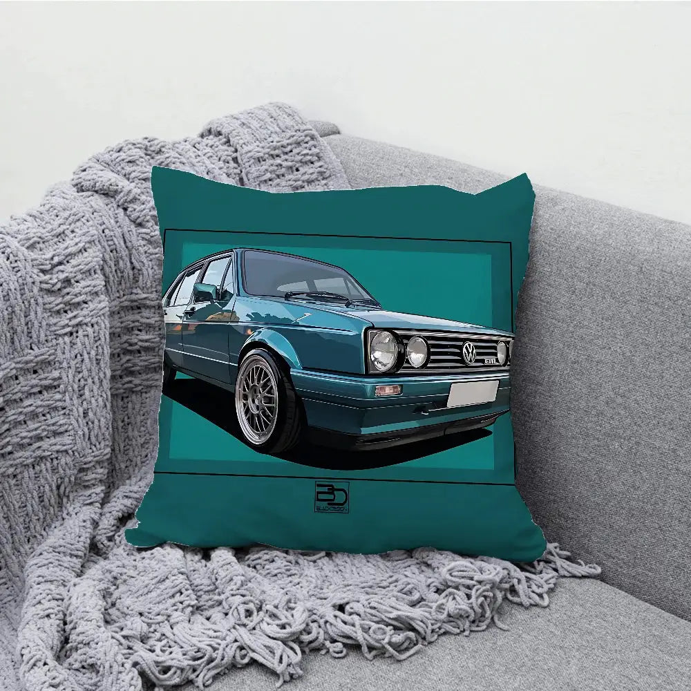 G-GTI car pillow case by Simples Market; teal cushion with a blue vintage car print for farmhouse sofa decor