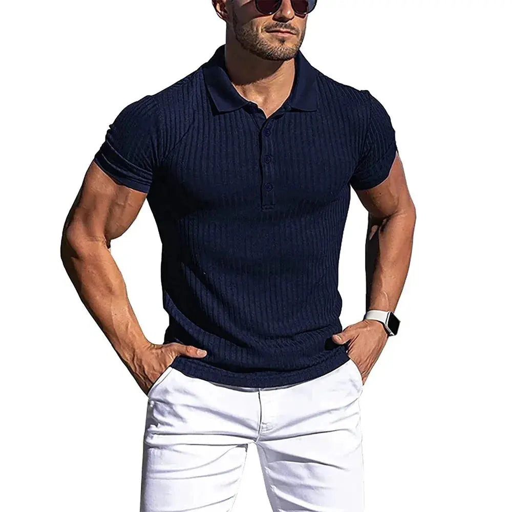Men's navy blue ribbed polo shirt with short sleeves and 3-button placket