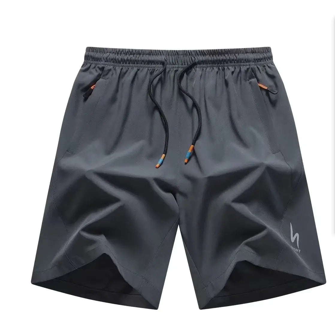 Simples Market men's gray summer sport shorts with elastic waist, drawstring, breathable fabric, pockets and leg logo