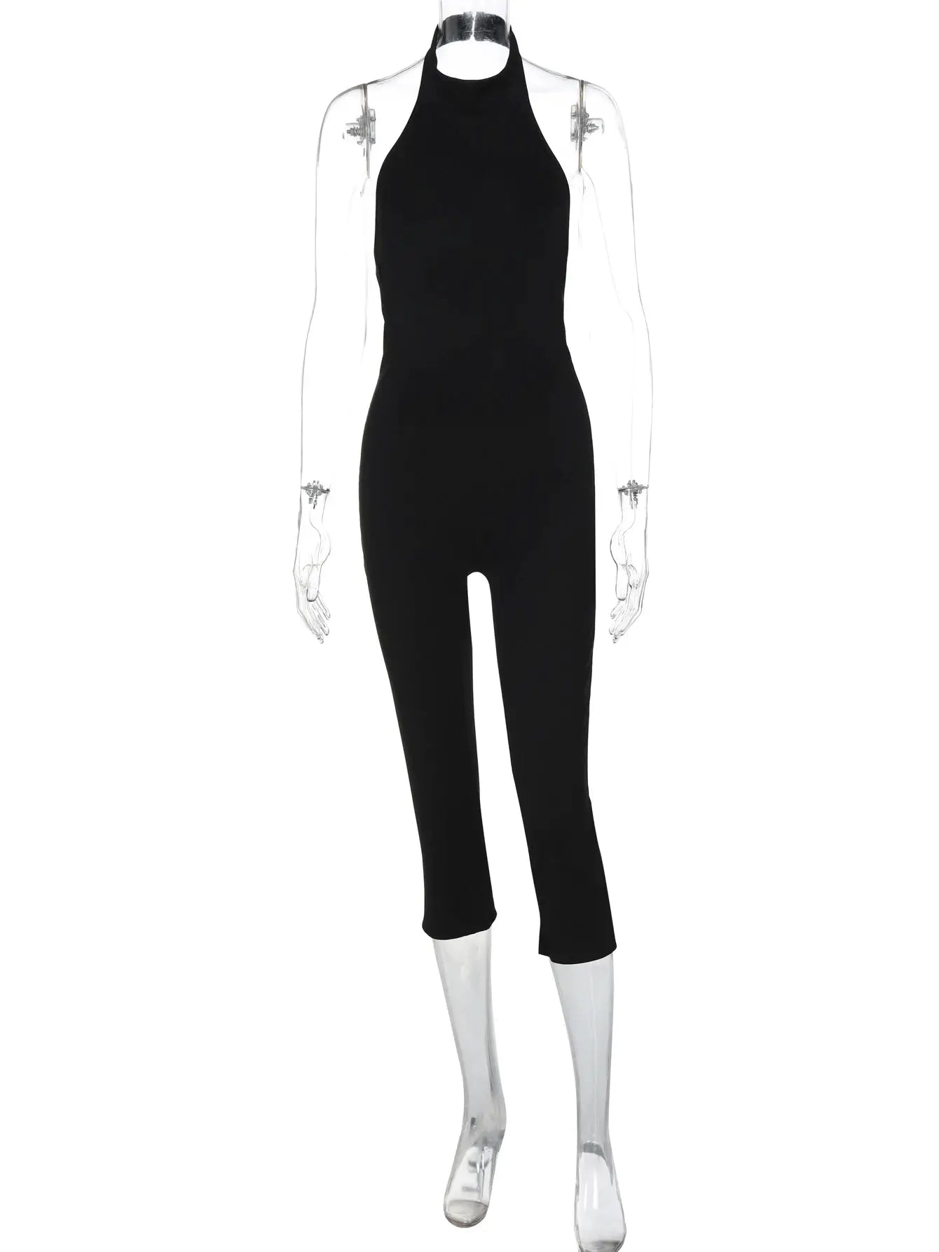 Simples Market Hugcitar ribbed halter backless black jumpsuit; bodycon romper for summer.