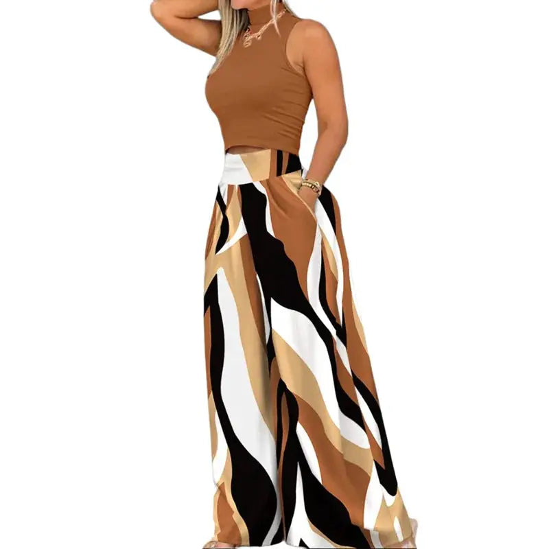 Summer Print Two Piece Set Women Sleeveless Tank Top Wide Leg Pants