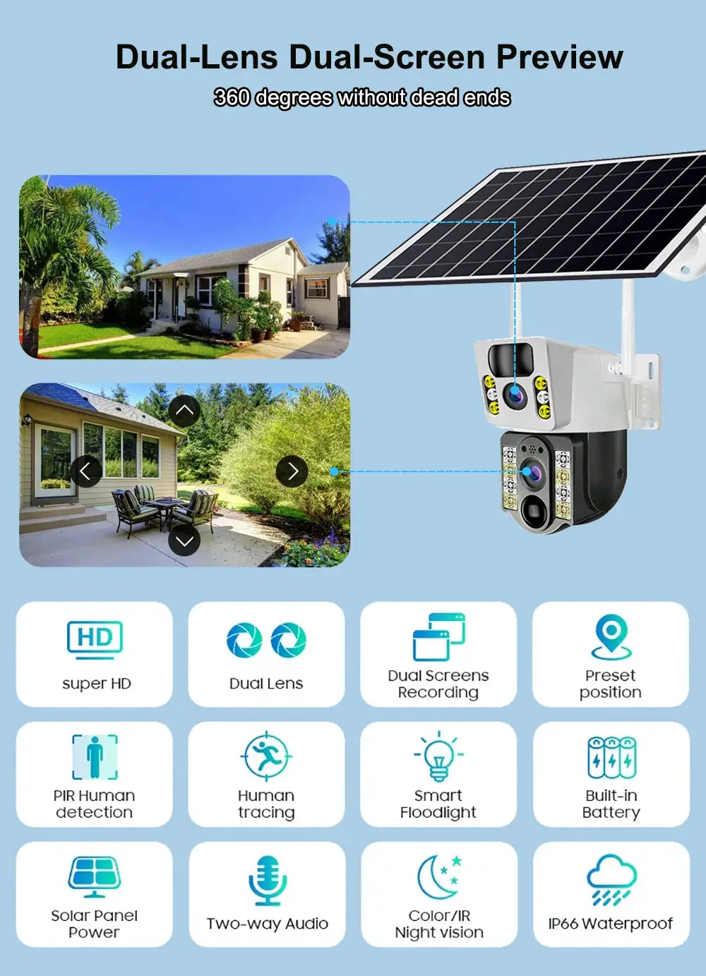 8MP 4K wireless solar outdoor camera by Simples Market with dual lenses, 4G SIM, and PIR night vision