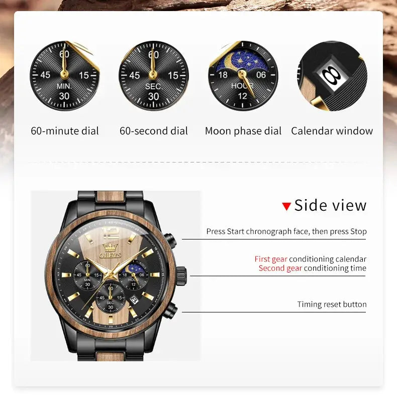 OLEVS men's wooden quartz wristwatch with black dial, gold-tone hands and chronograph subdials