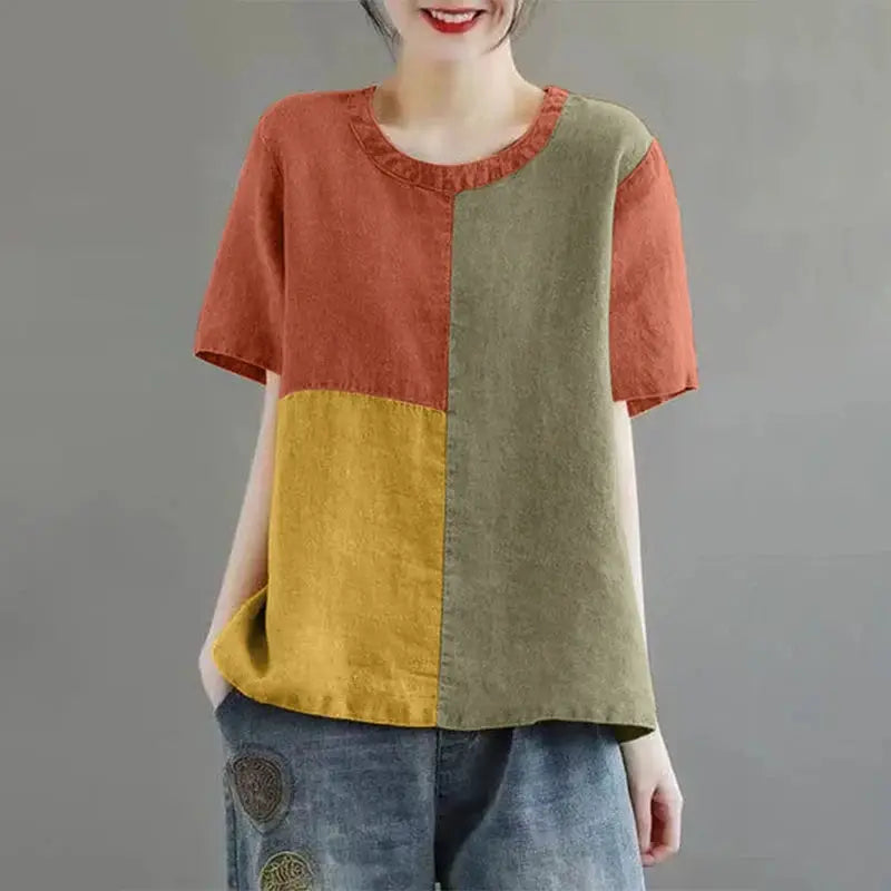 ZANZEA Women Patchwork Blouse Cotton Linen Short Sleeve Round Neck Top