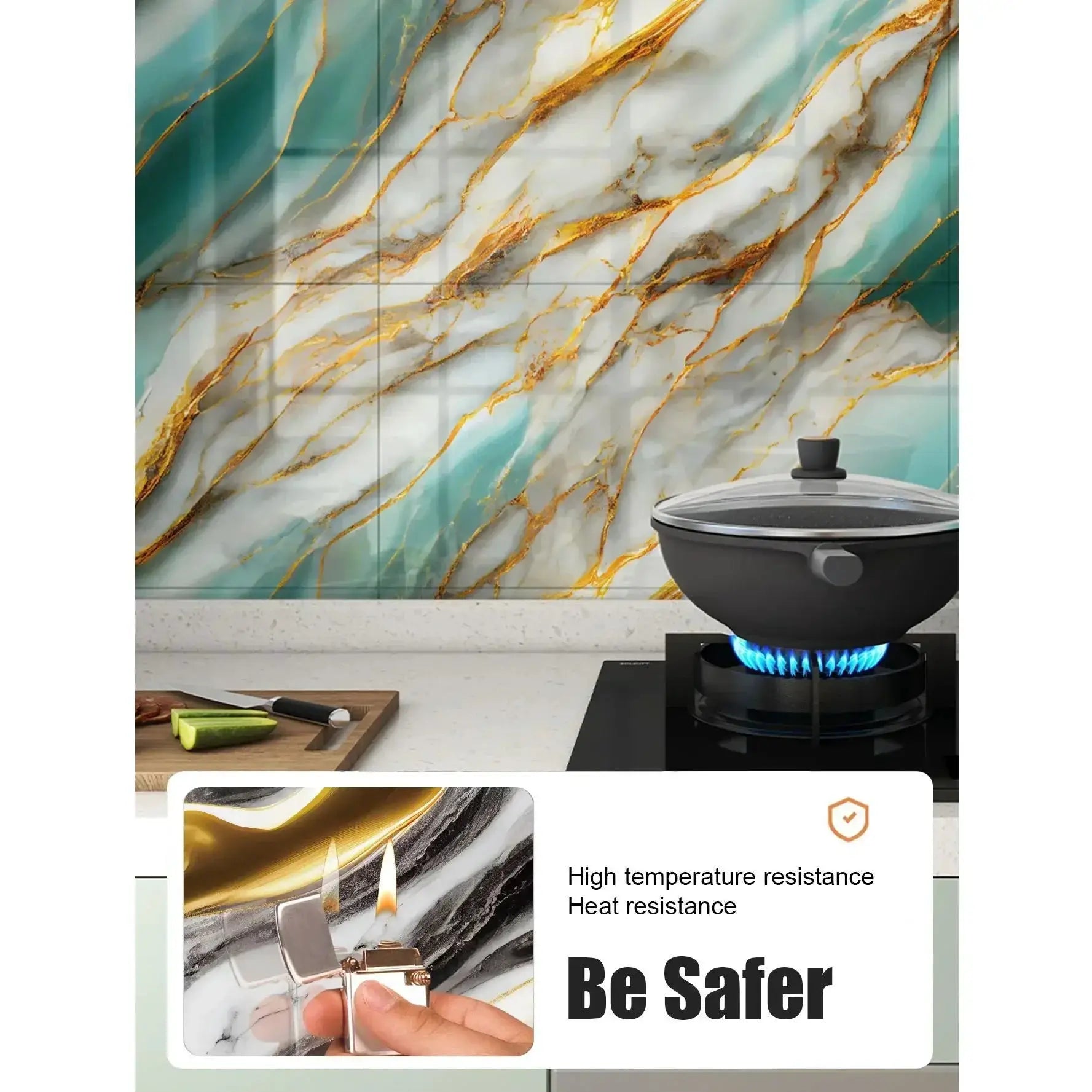 Self-adhesive marble tile wallpaper by Simples Market; teal and white with gold veins for wall renovation.