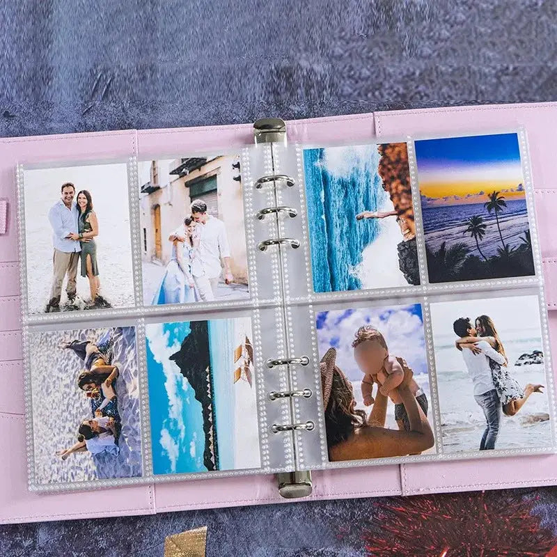 Pink A5 photocard binder with PU leather cover and 4-grid photo sleeves for K-pop idol cards