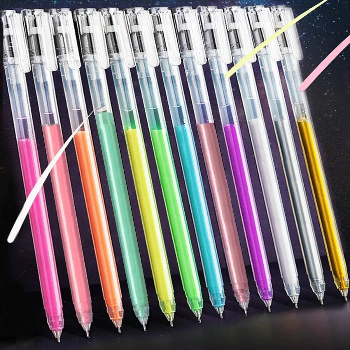 12-color gel pen set by Simples Market with large-capacity transparent barrels and 0.5mm fine tips.