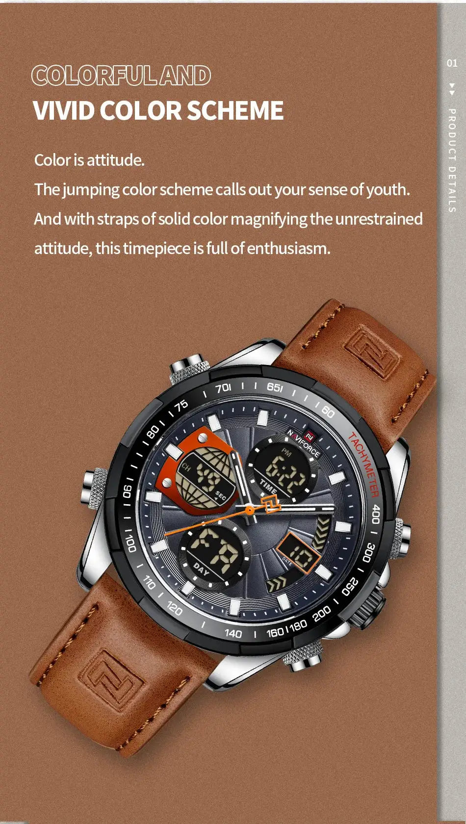 NAVIFORCE men's sports watch with brown leather strap, black dial, multiple subdials and tachymeter bezel