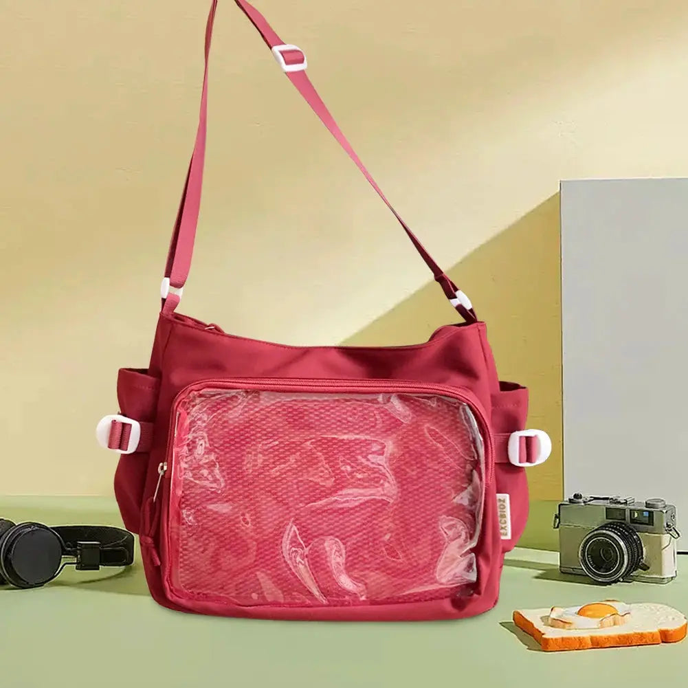 Women Ita bag pink-red with clear front window, multi-pocket design, adjustable strap, Simples Market