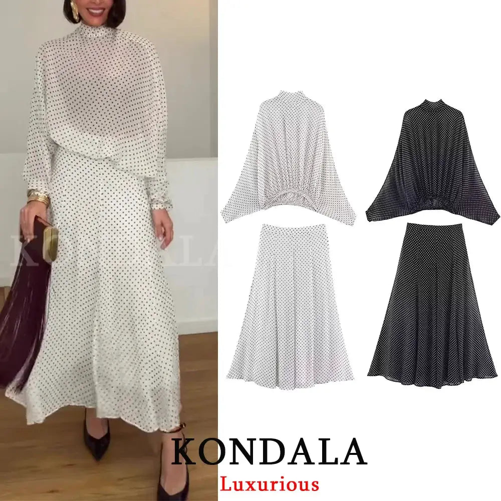 Kondala Polka Dot Women Sets Chiffon Bow Tie Blouses Skirts 2026