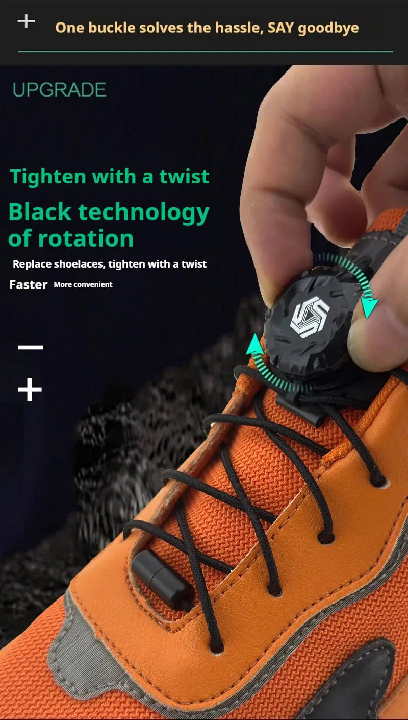 No-tie swivel-buckle shoelaces for sneakers on an orange athletic shoe with black laces