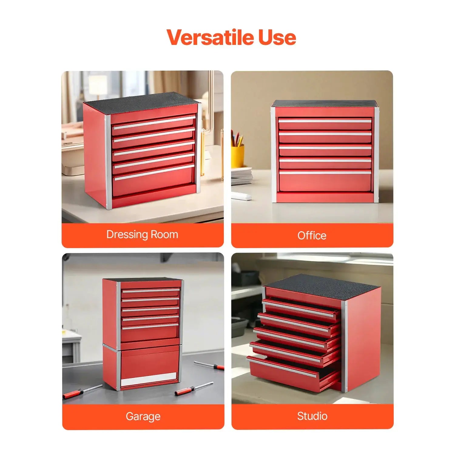 5-drawer metal tool box, red and black, portable with PP feet, four-view collage