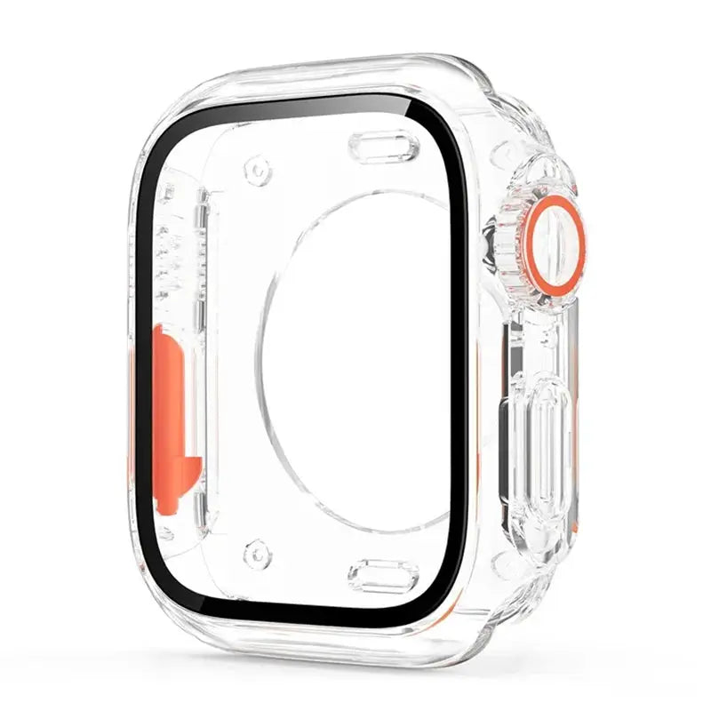 Apple Watch bumper case, clear PC with black bezel and orange crown ring by Simples Market