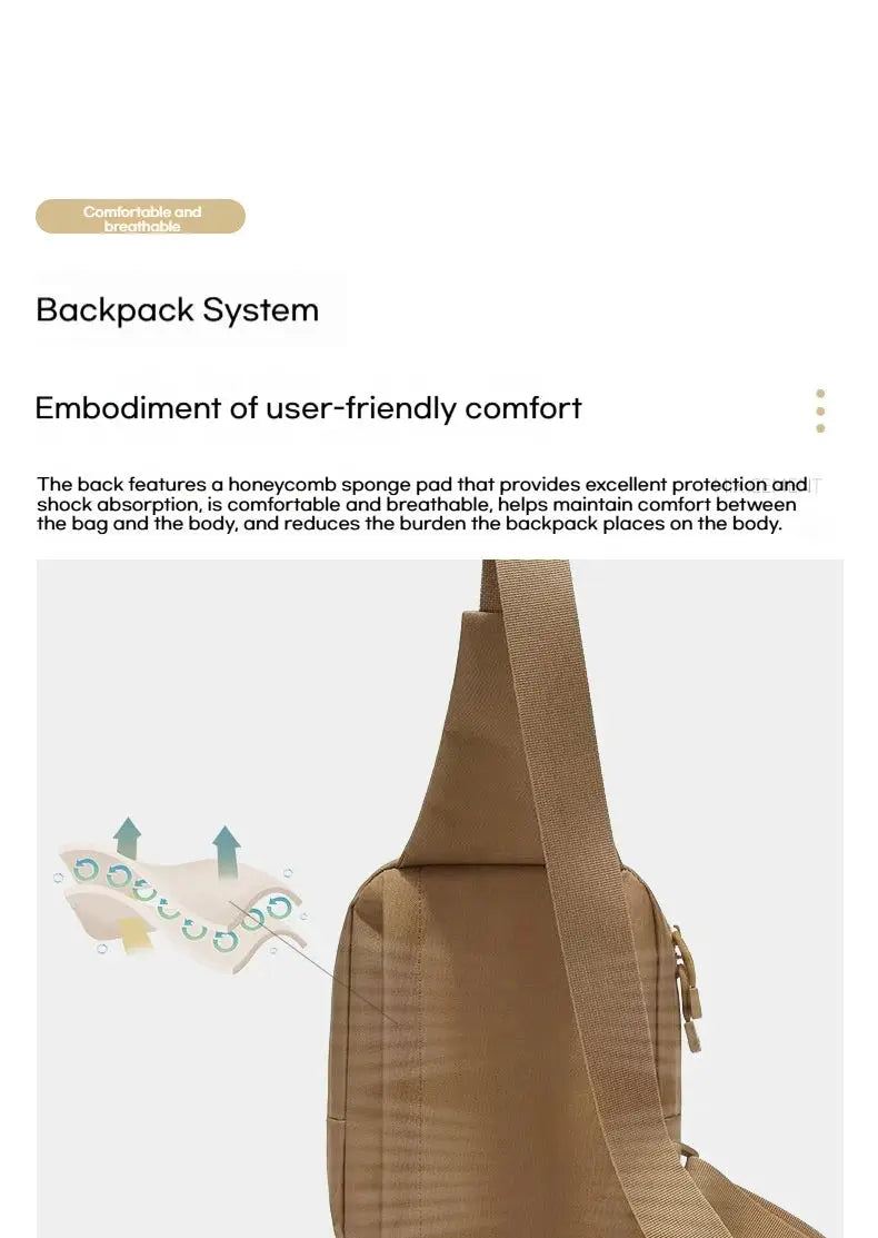Tactical shoulder bag by Simples Market in tan with crossbody strap and hidden holster design