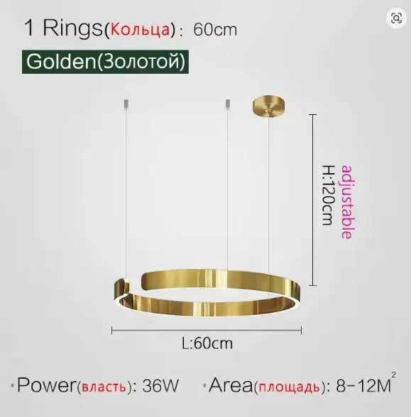 Modern ring ceiling chandelier by Simples Market, gold LED pendant lamp, 60 cm diameter, adjustable height