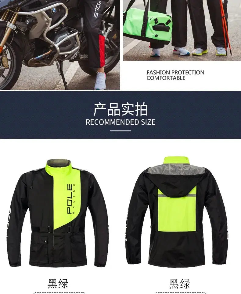 POLE motorcycle raincoat set in black with neon lime panels, breathable waterproof, reflective accents; pants included
